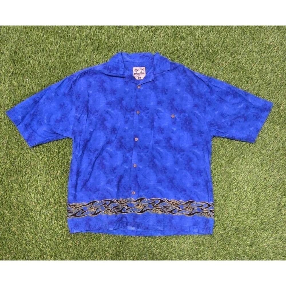 Vtg Steve & Barry's Hawaiian Shirt Large Blue Tribal Flame Y2K Boxy Rayon Men's